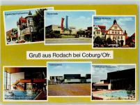 96476 W8634 Rodach b Coburg - Rückseite mit Abschürfungen bzw Kleberesten Schwimmbad Bayernhalle Rathaus Kirche