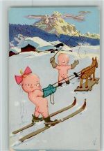 Karikatur - Babys auf Ski AK Stempelspur Baby 1917