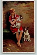 Mädchen mit zwei Hunde - Hundemütterchen von E. Frank Frank, E. Künstlerkarte