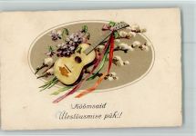Glückwünsche - Kätzchenzweige AK Zupfinstrument Lithographie
