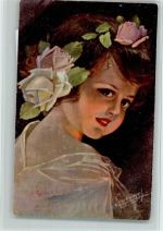 Mädchen mit Rosenblüten im Haar AK Reckziegel, E