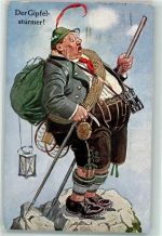 Gipfelstürmer Fernglas dicker Mann Berghumor 1919 Künstlerkarte