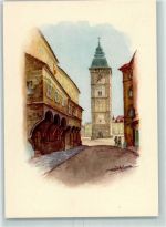 4470 Enns Künstlerkarte Stadtturm von deri Wienerstraße aus sign