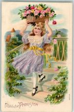 Mädchen mit einem Korb Rosen Lithographie Pfingsten 1908 Prägedruck