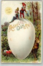 sign. Koch Zwei Zwerge mit Fernrohr auf einem Riesenei Ostern Hase Zwerg 1898 Lithographie / Künstlerkarte