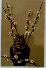 Katze in der Blumenvase , Kätzchenzweige Verlag Winkler & Voigt Nr. 5416 Mailick, A. 1900 Prägedruck