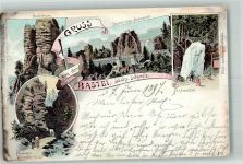 01847 O8351 Bastei 1897 Gebrauchsspuren Lithographie Basteifelsen Basteibrücke Amselfall Felsentor Uttewalder Grund