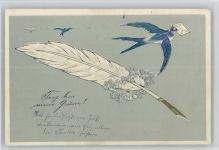Tintenfeder - Vergissmeinnicht - Schwalbe mit Brief - 1905 AK Schreiben Prägedruck