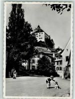Werdenberg Schloss Werdenberg bei Buchs Bub mit Hund Burg / Schloss