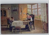 sign Horst - Spinnrad in der Stube, Mutter beim Buch lesen Handarbeit Künstlerkarte