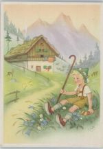 Rastender Junge auf der Blumenwiese sign. RAA Charlotte Baron Berg Künstlerkarte