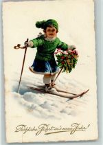 Neujahr - Mädchen mit Ski, und Stechpalme 1936 AK Ski
