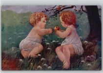 sign Klimes - Kleine Kinder mit Äpfel - Gemälde Kind