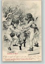 sign Wittmann - Zwei nackte Amor Engel im Schnee, verbrennen ein Herz, um sich daran zu erwärmen Amor 1902