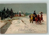 Neujahr - Kutsche in der Winterlandschaft AK Postkutsche Lithographie