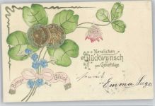 Geburtstag, Goldruck , Vergissmeinnicht Münze auf AK 1903 Prägedruck