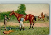 Jockey sattelt sein Pferd 1900 AK Pferderennen Prägedruck