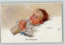 Baby mit einer Milchflasche Fialkowska, W. Künstlerkarte