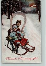 Winter Kinder auf Schlitten Hufeisen Neujahrsgruß Schlitten