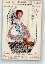 Mädchen mit Blumen und Hund AK Künstler sign. 1913