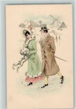 Glamour Paar auf dem Eis - Pelzmode 1898 AK Schlittschuh Lithographie