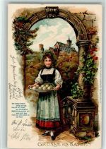 1901 Frau in Tracht mit Bayer. Knödeln Passepartout Trachten Lithographie / Prägedruck