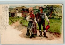 Schönes Trachten-Paar, Dirndl - Regenschirm , Berge Trachten Bayern 1900 Lithographie