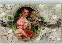 Veilchen Rosen Mädchen Pfingsten Prägedruck