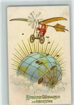 Geburtstag - Weltkugel, Taler, Kind mit einem Flugzeug Geld auf AK 1912 Prägedruck