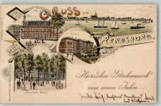 24768 W2370 Rendsburg 1897 Gebrauchsspuren Post Gymnasium Nobiskrüger Gehölz Segelboote Lithographe