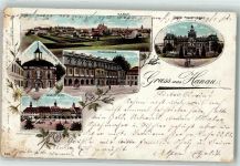 63450 W6450 Hanau 1901 Lithographie Frankfurter Tor Wilhelmsbad Schloß Philippsruhe Marktplatz