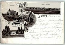 39279 O3404 Loburg b Magdeburg 1898 - Truppen-Übungsplatz Kommandatur Berg-Hotel Soldaten Trompete Gewehr Bajonett Bahnpoststempel