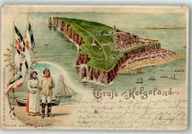 27498 W2192 Helgoland 1902 Lithographie Vogelschau Helgoländer Trachtenpaar Fahnen