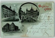 8010 Graz 01.Bez.:Innere Stadt 1901 Lithographie Landhaus u. Rathaus K.K. Technische Hochschule Herrengasse Pferdestraßenbahn