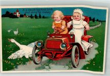 Verlag PFB Serie 7318 Baby im Automobil, Gänse sind im Wege Verlag PFB Serie 7318 Auto Humor 1908 Prägedruck
