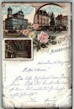86150 W8900 Augsburg , Bay 1897 Lithographie Rathaus Goldner Saal Denkmal Herkulesbrunnen