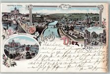 65582 W6252 Diez 1898 Lithographie Lahnbrücke mit Schloss Wilhelmstraße Marktplatz