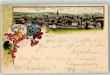95615 W8590 Marktredwitz 1906 Lithographie Gruss Kirche Fabrik Schornstein Rauch Blumen