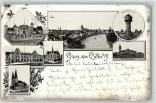 39240 O3310 Calbe 1896 Gebrauchsspuren Rathaus u. Denkmal Kaiserl. Postamt Ev. Kirche Kath. Kirche Wasserturm Bartelshof