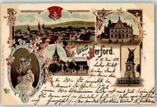 32049 W4900 Herford 1898 Lithographie Postamt Kriegerdenkmal Münster Kirche Wittekind-Denkmal