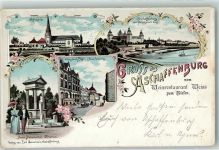 63739 W8750 Aschaffenburg 1897 Lithographie Blick vom Pompejaum Volksbank Post u. Jesuitenkirche neuer Monumental Brunnen Stiftskirche