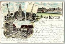 32423 W4950 Minden , Westf 1907 Lithographie Kriegerdenkmal 1884 66. Kriegerdenkmal 1759 Kriegerdenkmal 1870 71. Marktplatz m. Rathaus