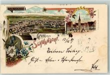 92421 W8460 Schwandorf , Bay 1897 Lithographie vom Kreuzberg gesehen Marktplatz