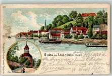 21481 W2058 Lauenburg , Elbe 1904 Lithographie alter Schlossturm Seitenraddampfer