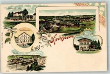 85614 W8011 Kirchseeon Gebrauchsspuren Gasthaus Wallner Bahnhofrestauration Bahnhof Vorstandsgebäude Imprägniranstalt Eisenbahn Gruss Blumen Lithographie