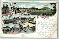 35274 W3575 Kirchhain 1903 Gebrauchsspuren Marktplatz Bahnhofshotel Hessische Volkstracht Bahnhofstraße Bahnpost Kassel-Frankfurt Zg. 781 Lithographie