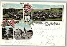 99448 O5305 Kranichfeld 1897 Lithographie Kriegerdenkmal Ratskeller Kirche Stadtwappen