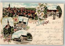 04774 O7262 Dahlen , Sachs 1901 Lithographie Bahnhof Rathaus Kirche Herrschaftl. Schloß