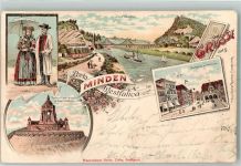 32423 W4950 Minden , Westf 1897 Lithographie Volkstrachten Kaiser Wilhelm-Denkmal Marktplatz Rathaus