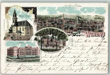 08412 O9620 Werdau , Sachs Lithographie Post Kriegerdenkmal Bürgerschule Ev. Kirche